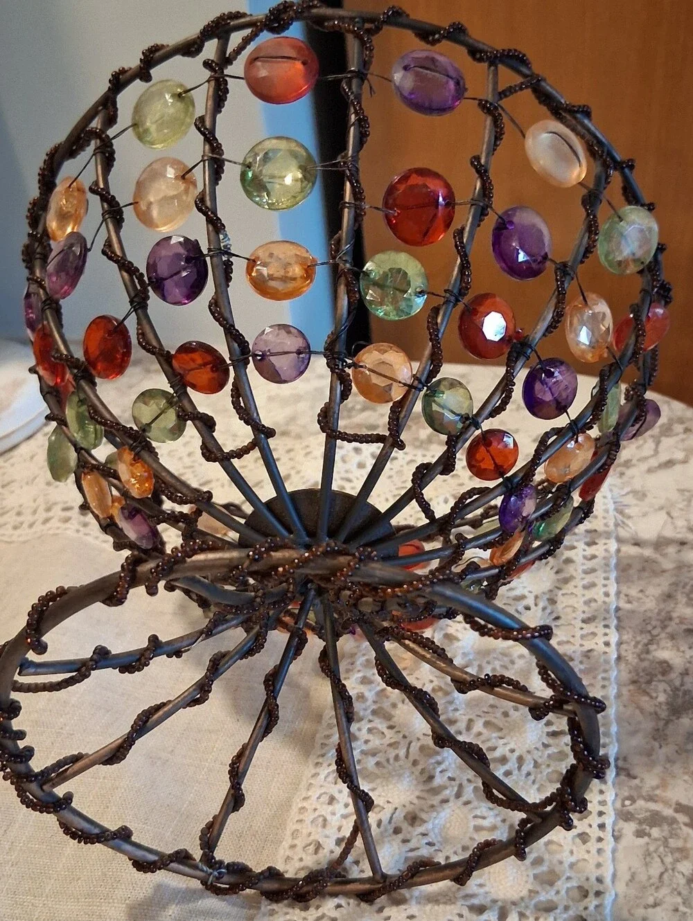 Vintage Beaded Wire & Metal Footed Bowl Basket Handmade Pop Art Retro Decor 8